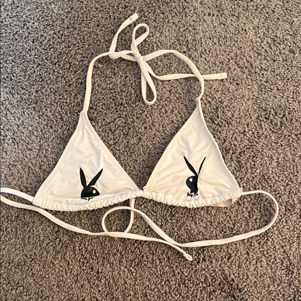 Playboy Bunny White Triangle Bikini Top with Black Logo